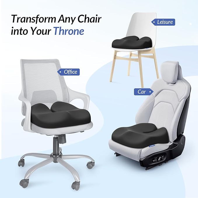 ZIKEE Ergonomic Seat Cushion with Thigh Relief Slope, High-Density Memory Foam Office Chair Cushions with U-Shaped Back for Tailbone, Sciatica Pain Relief, Suitable for Car Seat, Airplane, Bleacher