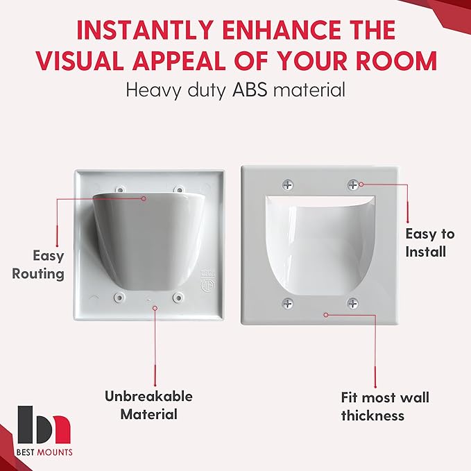 1 Pack Wall Plate Cable Pass Through with Bracket - In Wall Cable Management Kit - Recessed Cable Wall Plate Pair with Dual Gang Low Voltage Mounting Bracket - Decorator Cover for Low Voltage Cables