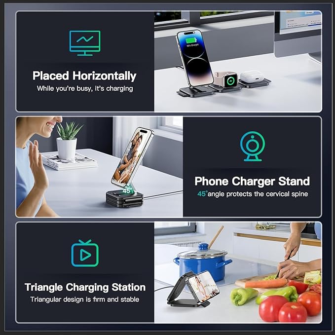 Travel Essentials for Apple Watch Charger,3 in 1 Charging Station for Apple Devices,Foldable Wireless Charging Station for iPhone 17/16/15/14/13/12, Apple Watch & AirPods with Magsafe Charger Stand