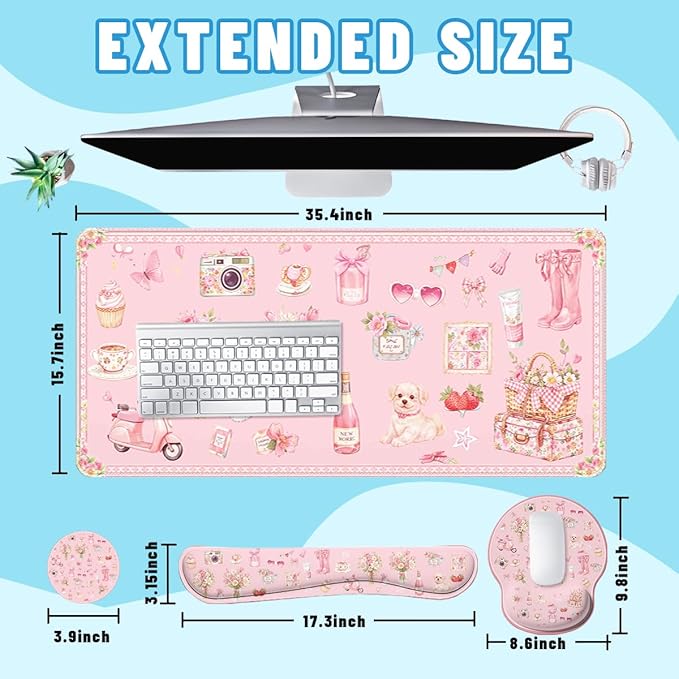 Pink Collage Desk Mat Set Coquette Floral Cute Aesthetic Large Mouse Pad with Wrist Rest 4in1 Desk Mat for Desktop Ergonomic Computer Desk Arm Wrist Anti-Slip Computer Mouse Pad Home Office Gaming