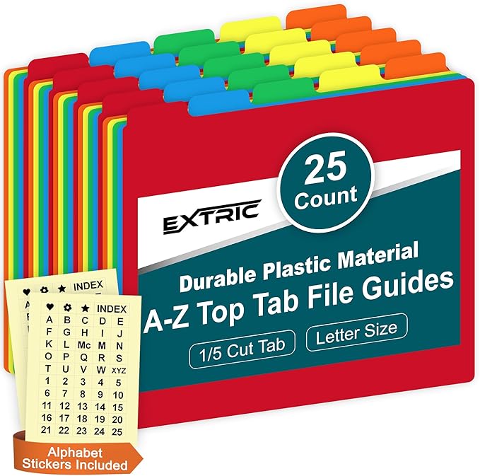 Alphabetical File Organizer, 25 Plastic Alphabet Dividers with Tabs Letter Size File Cabinet Dividers, Self Adhesive A-Z Labels – 5 Assorted Colors, 1/5 Cut Tabs for Filing Cabinet