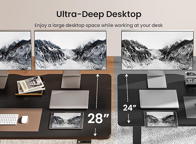 BANTI 63 × 28 Inches Standing Desk, Ergonomic, Electric Height Adjustable, Sit and Stand Up, Computer Desk with a Deeper Desktop, Black Frame/Black Top