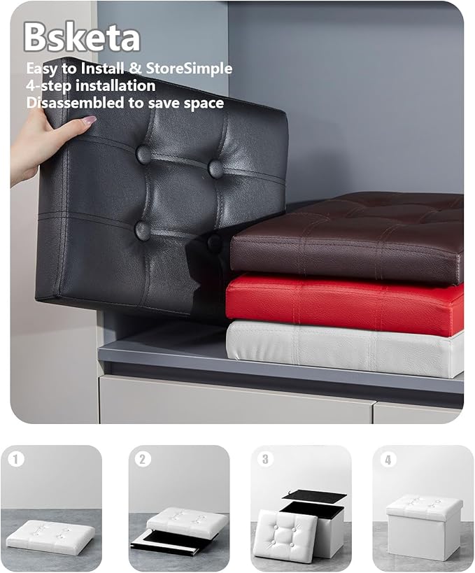 Bsketa Folding Storage Ottoman, Foot Stool with Thicker Foam Padded Seat Small Leather Storage Ottoman Bench Foot Rest for Living Room Foldable Coffee Table 17x13x13in,White