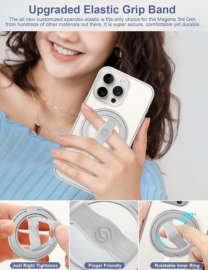EWA MagOne 3rd Gen [Compatible with MagSafe] Phone Grip Stand with Finger Strap, Removable Magnetic Ring Holder Kickstand Loop for iPhone 17,16,15,14,13,12 Series (Silver)