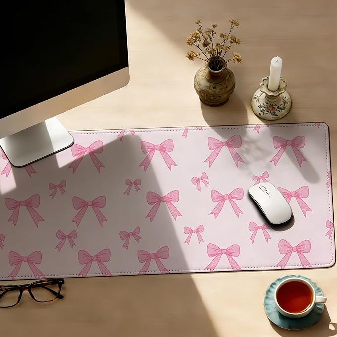 Pink Bow Mouse Pad,35.4 x 15.7 Inch Large Mouse Mat Non-Slip Rubber Stitched Edges for Writing Desk,Office,Home,Laptop