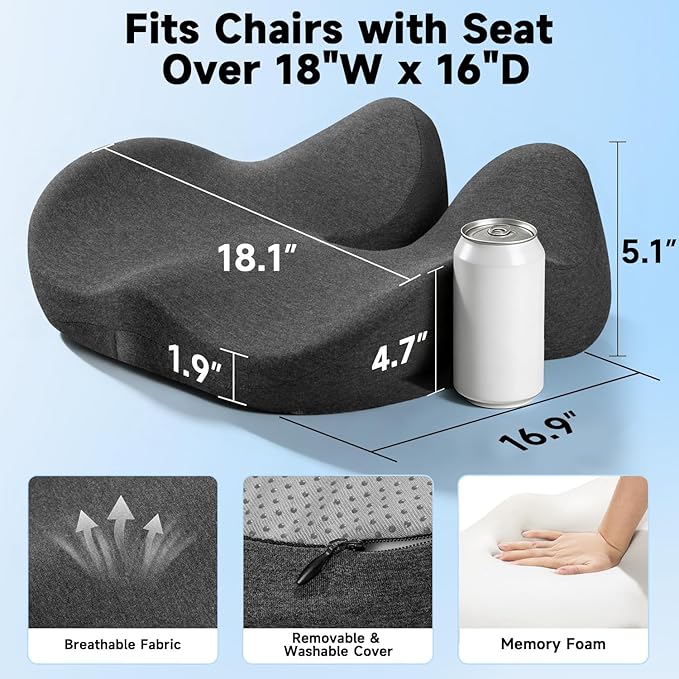 Seat Cushion for Office Chairs – Large U-Shaped Memory Foam Desk Chair Cushions for Long Sitting Comfort, Ergonomic Thick Support Pad for Work from Home & Daily Office Use