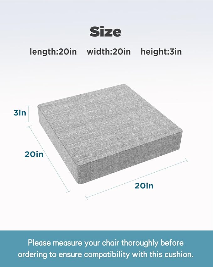 Recliner Cushion for Elderly 20x20in,Memory Foam Seat Cushion Soft and Comfy for Long Sitting on Recliner Chair,Couch,Armchair,or As Floor Pillow,Large Chair Pad (Medium Soft Grey, 3 in thickness)