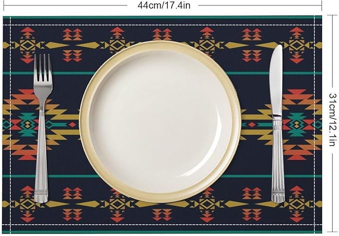 Vintage Aztec Southwest Placemats Ethnic Style Design Boho Geometric Pattern Linen Washable Table Mats Stain Heat-Resistant Desktop Decor Place Mats for Home Kitchen Dining Party 12x18 in 6 Pcs