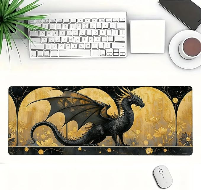 Dragon Desk Mat Black Gold Flower Petal Mousepad XL Large Gaming Mouse Pad Laptop Keyboard Mat Desk Pad for Office Desktops, Home Workstations, and Laptops 31.5x11.8 Inch