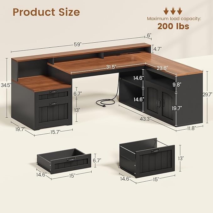 SEDETA 59" L Shaped Desk with Drawers, Farmhouse Corner Computer Desk, Wood Office Desk with File Drawers with Storage, Home Office Desks with Monitor Stand and Storage Cabinet, Brown and Black