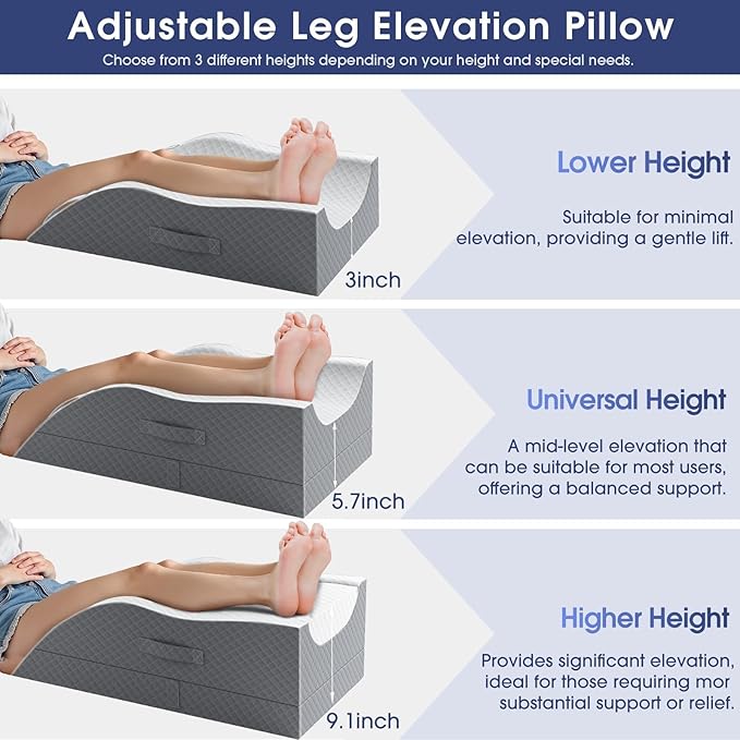 CushZone Leg Pillow, Leg Elevation Pillow with Pad and Memory Foam, Height Adjustable Bolster Pillow for Legs, Leg Pillow Elevation Blood Circulation, for Post-Surgery, Grey & White