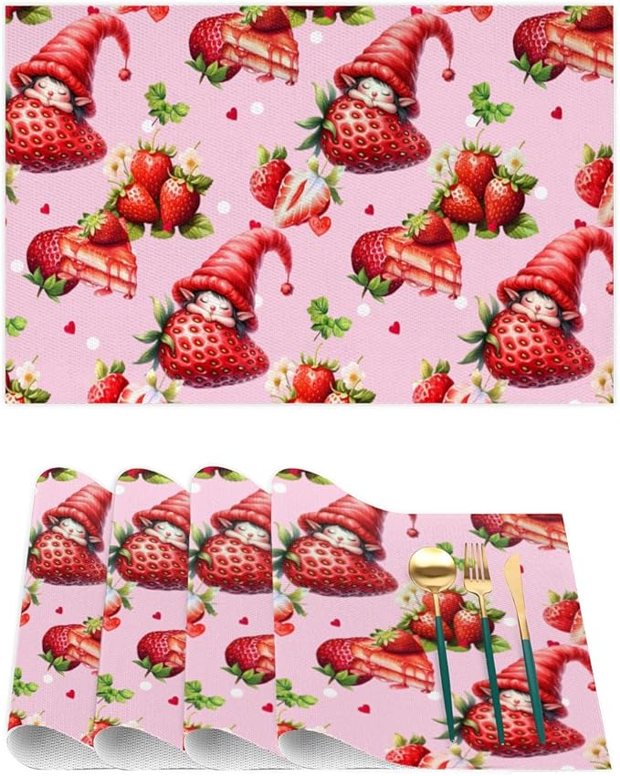 Placemats Set of 4 Heat-Resistant Rectangle Place Mats Strawberry Pink Cute Washable Plastic PVC Dining Table Mat Non-Slip Wipeable Woven Vinyl Placemat for Kitchen Patio Table Decor