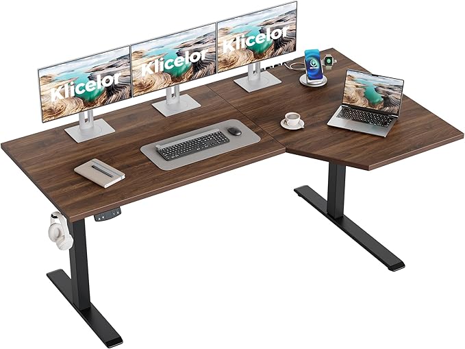Klicelor L Shaped Standing Desk 63 x 35.4 Inch, Electric Height Adjustable Corner Desk for Home Office Workstation, Ergonomic Sit Stand Computer Table with Memory Controller, Dark Walnut