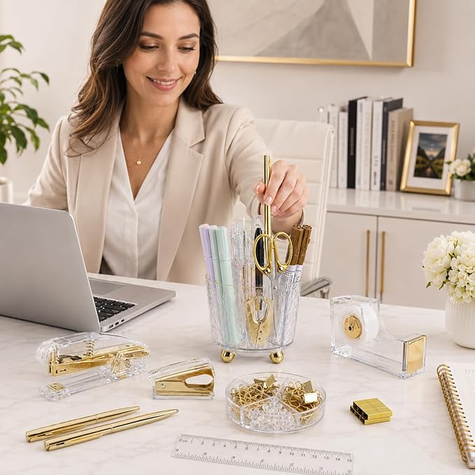 Office Desk Accessories Supplies - 11 Pcs Gold Desk Decor Set with 360-Degree Rotating Pen Holder, Women Cute Aesthetic Office Essentials Kit, Stapler Tape Dispenser, Acrylic Gift for School Home Work