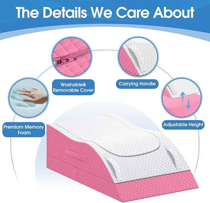 TranquilRelax Leg Pillow, Leg Elevation Pillow with Pad and Memory Foam, Height Adjustable Bolster Pillow for Legs, Leg Pillow Elevation Blood Circulation, for Post-Surgery, Pink
