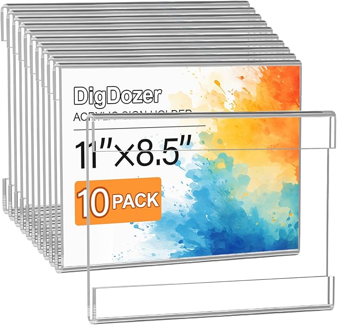 10 Pcs Acrylic Sign Holder 11 x 8.5, Horizontal Wall Mount Sign Holders with Adhesive, Clear Plastic Frames Paper Display Sign Holders for Office, Home, Store, Restaurant - No Drilling