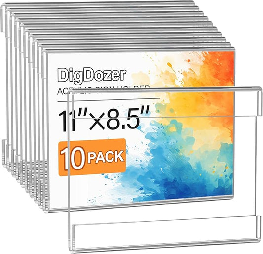 10 Pcs Acrylic Sign Holder 11 x 8.5, Horizontal Wall Mount Sign Holders with Adhesive, Clear Plastic Frames Paper Display Sign Holders for Office, Home, Store, Restaurant - No Drilling