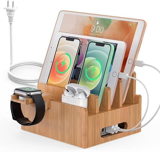Pezin & Hulin Bamboo Charging Station for Multiple Devices with 5 Port USB Charger,5Cables,Smart Watch&Earbuds Stand, Desk Docking Stations Electronic Organizer for Cell Phone, Tablet (Natural)