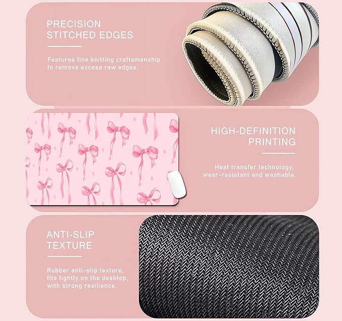 Pink Ribbon Bow Large Gaming Mouse Pad, Polka Dots Desk Mat Office Accessory, Light Pink Computer Mat, Non-Slip Rubber Base Laptop Pad for Girls Kids Desktop Decorative, 31.5 x 11.8 inches