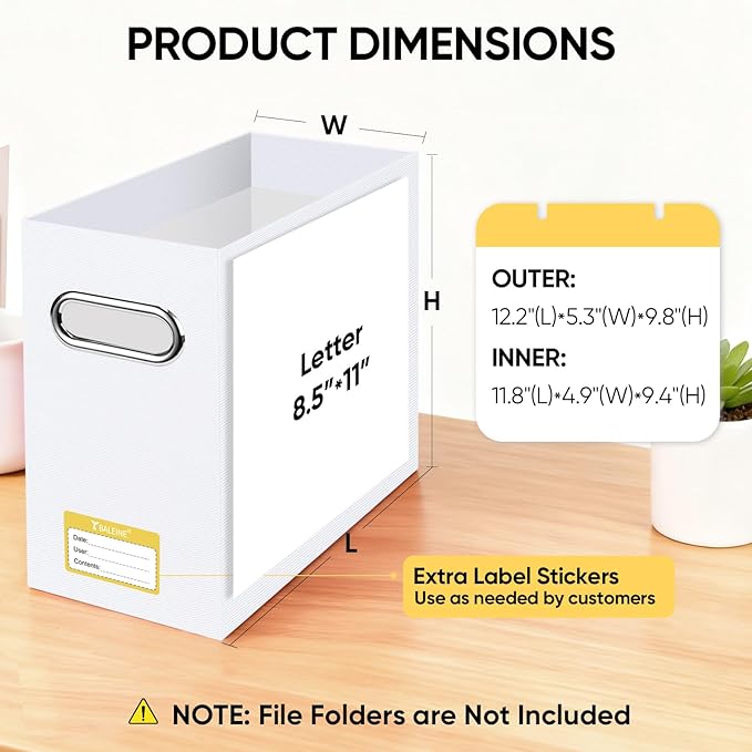 BALEINE File Organizer Box, Cardboard File Folder Organizer with Handle for Letter Size, Portable Collapsible Hanging Filing Box for Home Office Document Storage (1 Pack, White)