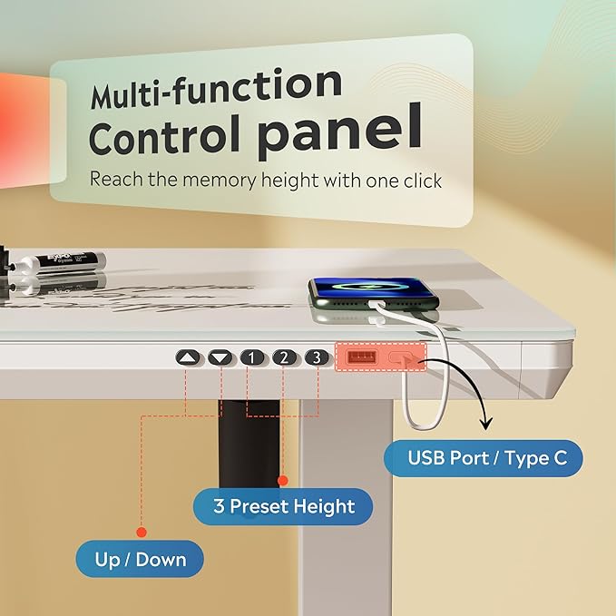 DEVAISE 48 Inch Electric Standing Desk, 3 Adjustable Computer Desk for Home Office, with LED Touchscreen，Headphone Hook, 3 Memory Preset, with One-Piece Glass Desktop, White