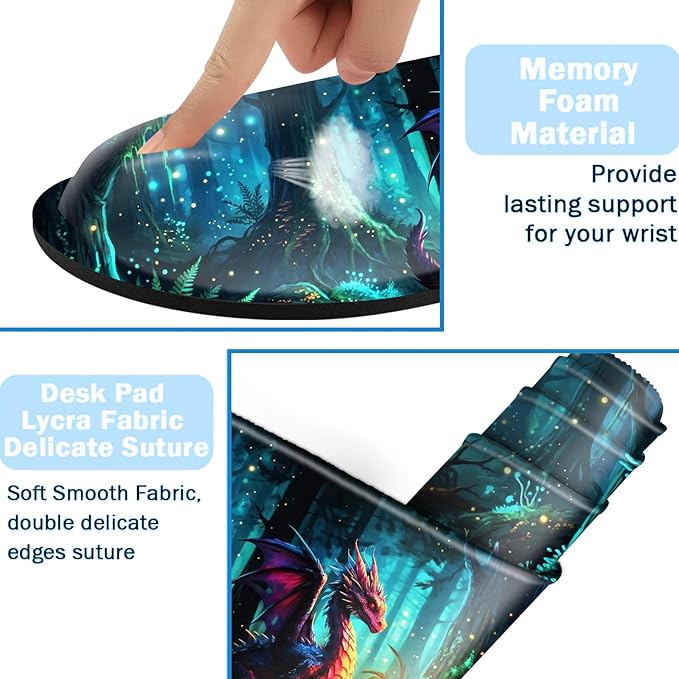 Ergonomic Mouse Pad Set with Wrist Support for Keyboard and Wrist Rest for Mouse, Memory Foam Comfort, Non-Slip Large Desk Mat for Home Office Pain Relief,Forest Dragon