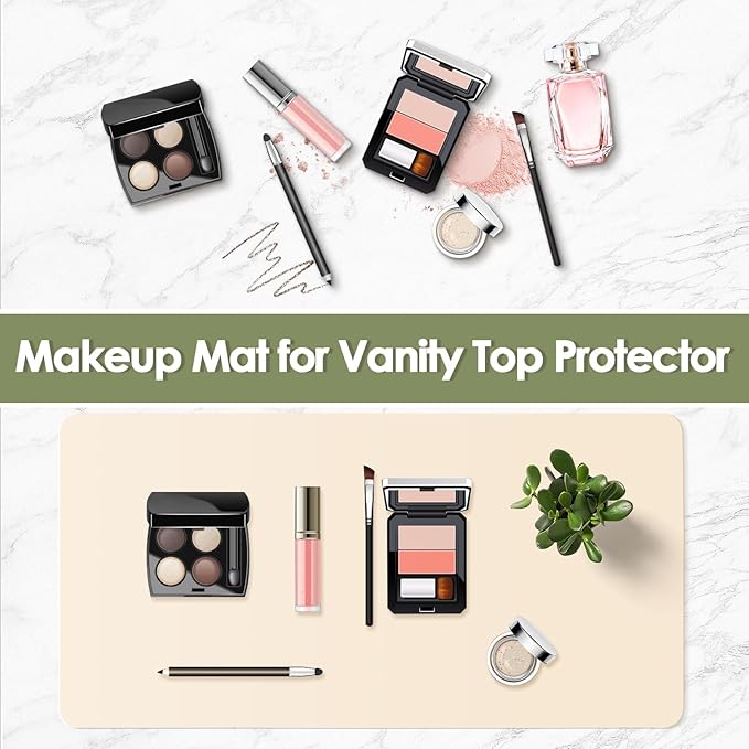 Makeup Mat for Vanity to Protect Desk Top 31.5 x 15.7 in, Dual-Sided Makeup Mat, Easy to Clean Desk Pad - Waterproof and Oilproof Vanity Accessories (Beige and Olive Green)