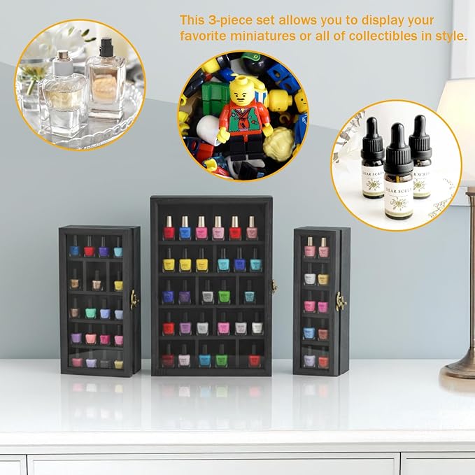 Ikee Design 3 Pcs Set Wall-Mounted Wooden Shadow Cubby Box Display Shelf with 24 Compartments with Door Storage Display Case for Collectibles, Trinkets, Mini Figures, Black Color