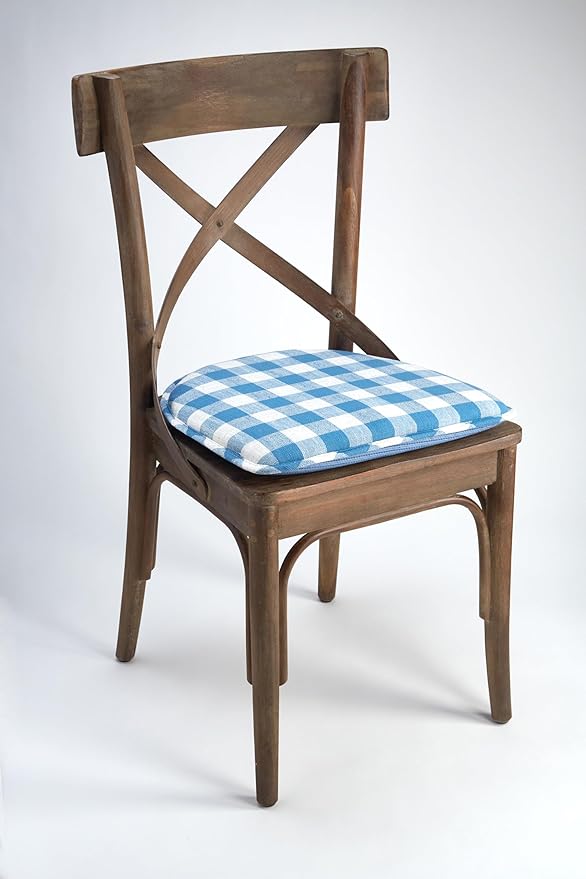 Klear Vu The Gripper Non-Slip Linen Check Dining Kitchen Chair Pads, 15" x 16" x 2", Set of 8, Liza Check Blue