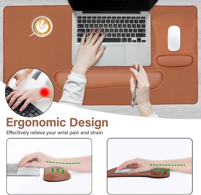 MOSISO Keyboard Mouse Pad Set, PU Leather Large Gaming Mousepad&Keyboard Wrist Rest&Mouse Wrist Rest&Coaster, Ergonomic Non-Slip Mousepad&Easy Typing Cushion with Memory Foam for Home Office, Brown