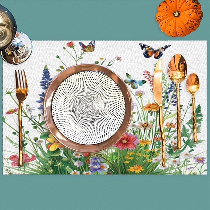 Placemats Set of 4 Heat-Resistant Rectangle Place Mats Grass Flower Floral Washable Plastic PVC Dining Table Mat Non-Slip Wipeable Woven Vinyl Placemat for Kitchen Patio Table Decor