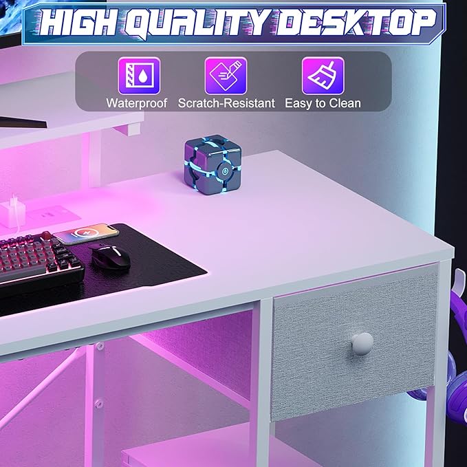 X-cosrack 33.5" Small Computer Desk with LED Lights & Outlets, Small Gaming Desk with Monitor Stand & CPU Stand, Teen Study Writing Table with Storage Drawer, Side Hooks for Bedroom, Home Office White