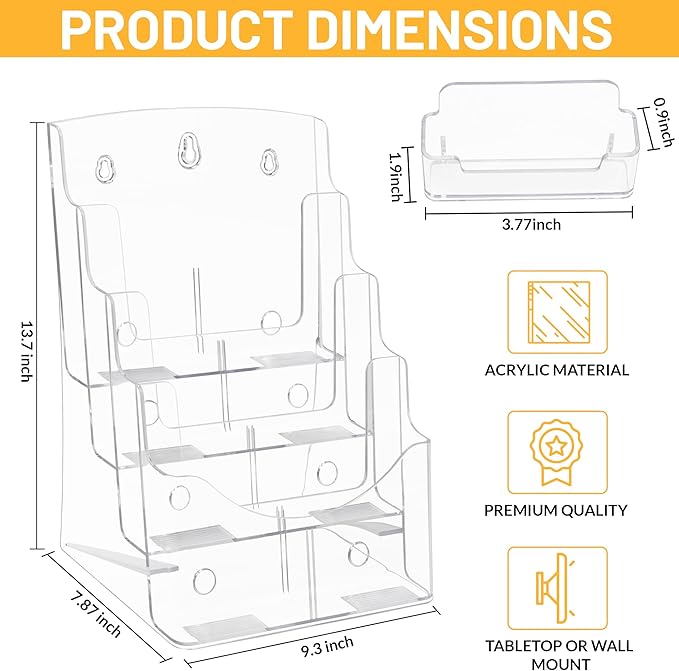 Acrylic Brochure Holder 8.5 x11”, 4 Tier Clear Literature Magazine Stand with Removable Divider for 4 x 9 Pamphlet Display Brochure with Business Card Holders- Wall Mount & Countertop