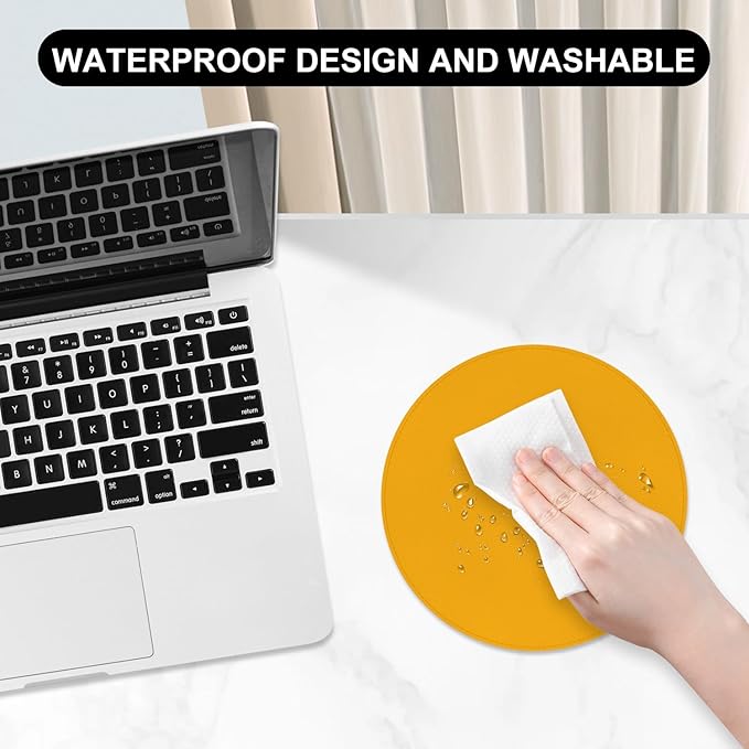 Leather Mouse Pad, Office Mouse Mat Non-Slip Rubber Base Stitched Edge Washable Waterproof Round Mousepad for Office Gaming PC Laptop, Round Diameter 8.7 inches, Apricot Yellow