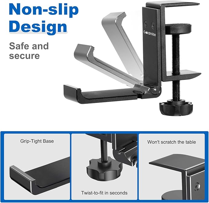 2 Pack Aluminum Headphone Stand Hanger Foldable with Cable Clip - Headset Holder Clamp Hook Under Desk, Save Your Space While Working & Gaming