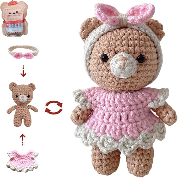 LoopMap Amigurumi Crochet Kit for Beginners with Removable Dress & Video Tutorials, DIY Bear Making Kit Includes Premium Yarn & Tools, Creative Gift for Adults Teens (Pink)