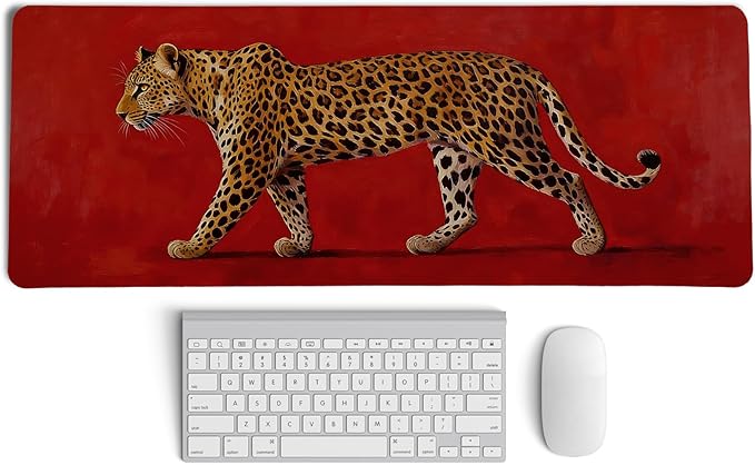Vintage Red Leopard Large Mouse Pad,Bold Wild Animal Cheetah Desk Mat,Maximalist Luxury Aesthetic Wildlife Cat Mousepad for Home Office Dorm Decor,31.5x11.8 Inch