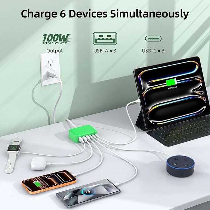 6 in 1 USB Charger, Charging Station for Multiple Devices, 100W Fast Charging Blocks with Type C Ports, USB Charging Hub Organizer Multiport Power Strip for iPhone, Ipad, Kindle, Travel Accessories