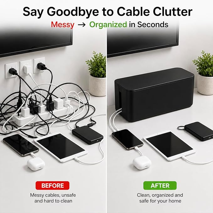 [Set of 3] 3 Cable Management Boxes + 3 Wire Ties, Large Cord Box Organizers to Hold and Hide Power Strip Charger Adapter Power Cord Charging Station USB HUB (Black)