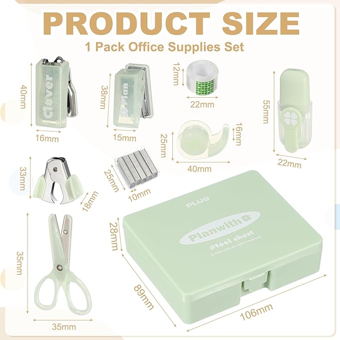 PATIKIL 1 Pack Office Supplies Set, 8pcs Desk Supplies Set Stapler Tape Dispenser Scissors Accessories Kit Mini Office Supply Kit Cute Small for Desk Women Organizer, Green