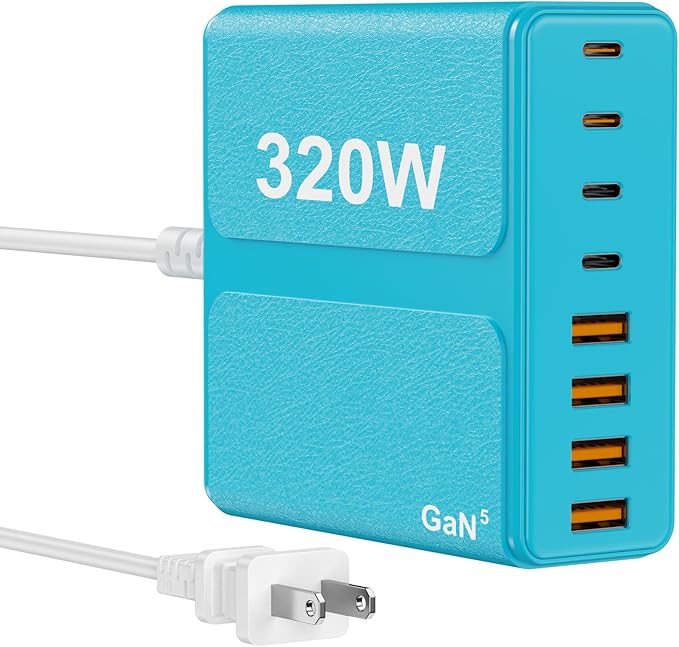 320W USB C Charger Block, 8-Port USB C Charging Station PD 65W PC Laptop Fast Charger Adapter for MacBookPro/Air,DELL,iPad,Portable Charging Station for iPhone,Samsung Galaxy (Blue)
