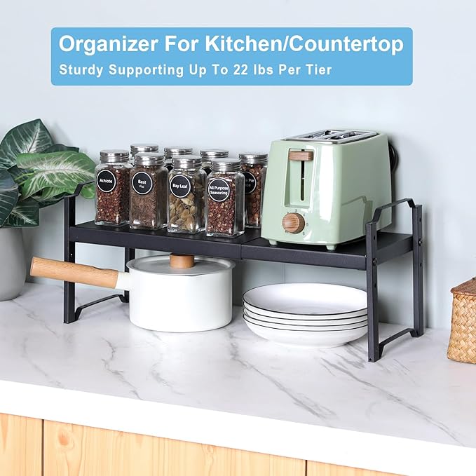 Set of 2 Expandable Kitchen Cabinet Shelf Organizer, Stackable Countertop Cabinet Storage Shelves Organizers For Spice Plate Dish Mug Cups, Adjustable Counter Cupboard Pantry Shelf Organizer