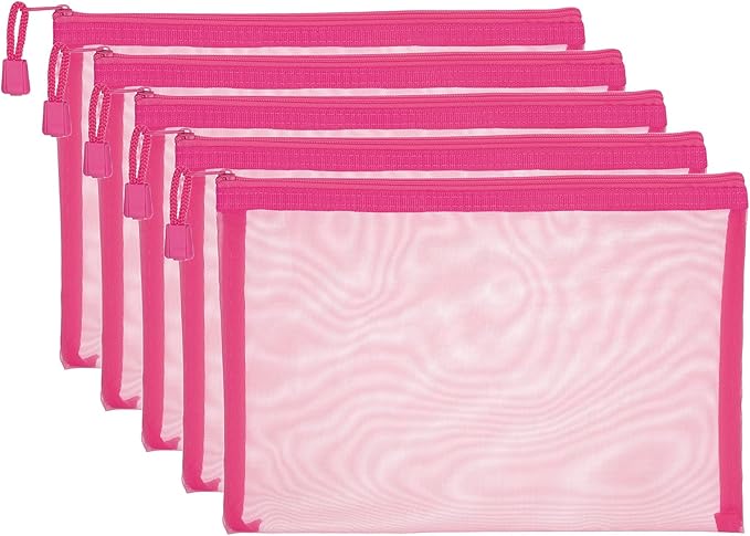 PATIKIL A5 Mesh Zipper Pouch Bags, 5 PCS Mesh Bags with Zipper Plastic Storage Pocket for Organizing File Beads Office Home Supplies, 18x25cm, Rose Red