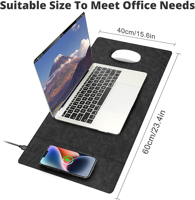 Magnetic Wireless Charging Desk Mat, Office Large Office Mouse Pad, Microfiber Leather Mouse Mat with Ultra-Smooth Surface, Waterproof Computer Keyboard Desk Mat for Office & Home, Laptop, Gray