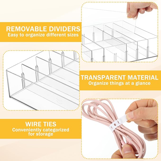 2Pcs Cable Charger Organizer Box with 16Pcs Wire Ties Large Plastic Cords Storage Organizer with Adjustable Compartments Electronics Organizer Stackable Cord Storage Box for Drawer Home Office, Clear