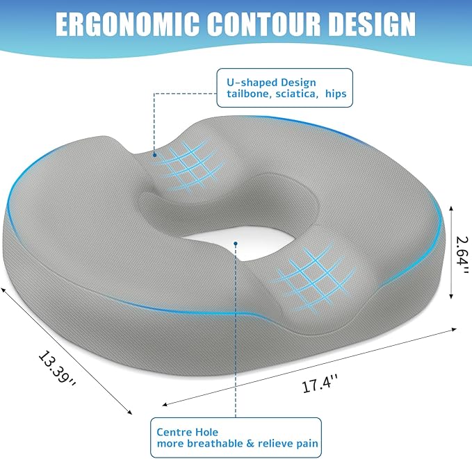 BlissTrends Donut Pillow Seat Cushion,Donut Chair Cushions for Postpartum Pregnancy & Hemorrhoids,Tailbone Pain Relief Cushion,Memory Foam Lifting Cushions for Office&Home Chairs (Light Grey)
