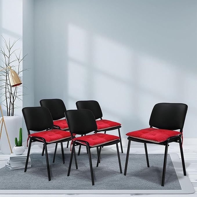 Office Stacking Chair Cushions 4 Pack, Corduroy High Density Foam Kitchen Seat Cushions with Ties, Square 17" x 17" Indoor Non-Slip Dining Chair Pads, Red，4pcs