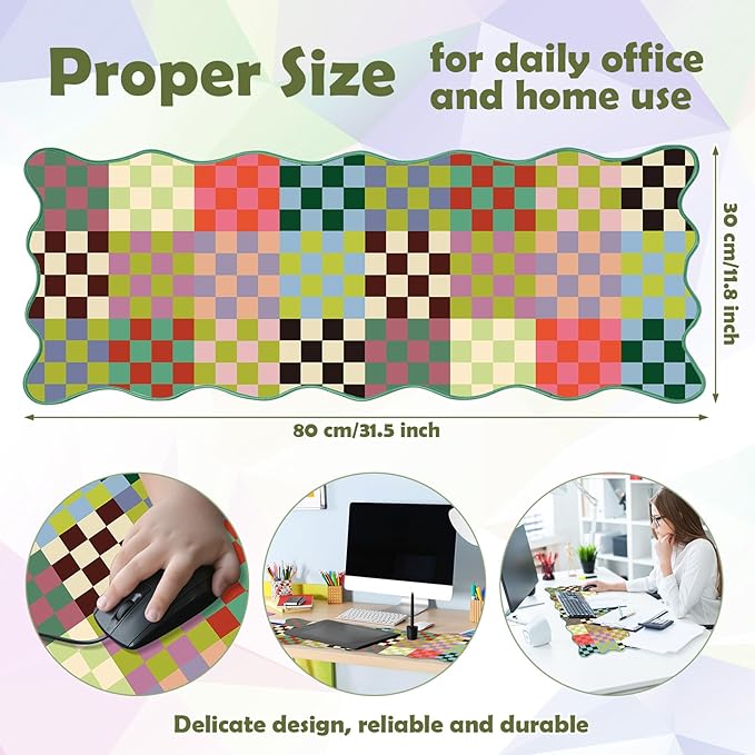 Copkim 1 Pcs Colorful Scalloped Checkered Desk Mat 31.5 x 11.8 Large Cute Mouse Pad Computer Mat Non Slip Waterproof Rubber Base with Border Stitching Soft Keyboard Pad for Home Office Game Makeup
