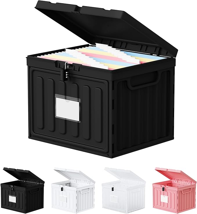 Small File Cabinet, Plastic File Box with Lid for Letter Size Hanging File Folders, Easy Carry Filling Box for Home, Office, School, Vertical File Cabinets, Stackable Storage Bins(Black, 1 Pcak)