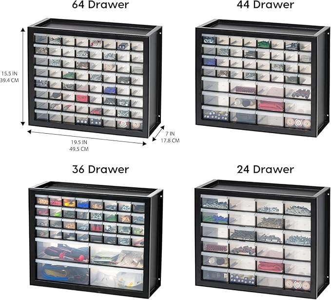 IRIS USA 24-Drawer Plastic Storage Organizer, Made in USA, Teacher Toolbox, Multi Drawer Cabinet For Garage Tools Beads Balloons Building Bricks Crafts Stickers Small Business Scrapbook Art, Black
